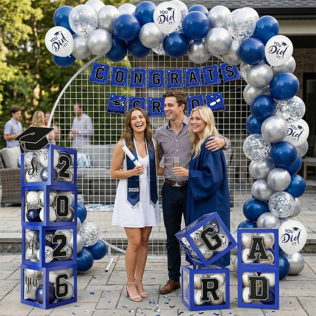 Gold and Black Graduation Party Decorations, Grad Balloon Boxes with Letters 2026 GRAD So Proud of You, Grad Balloons and Banner Decorations for Class of 2026 High School Graduation Decor