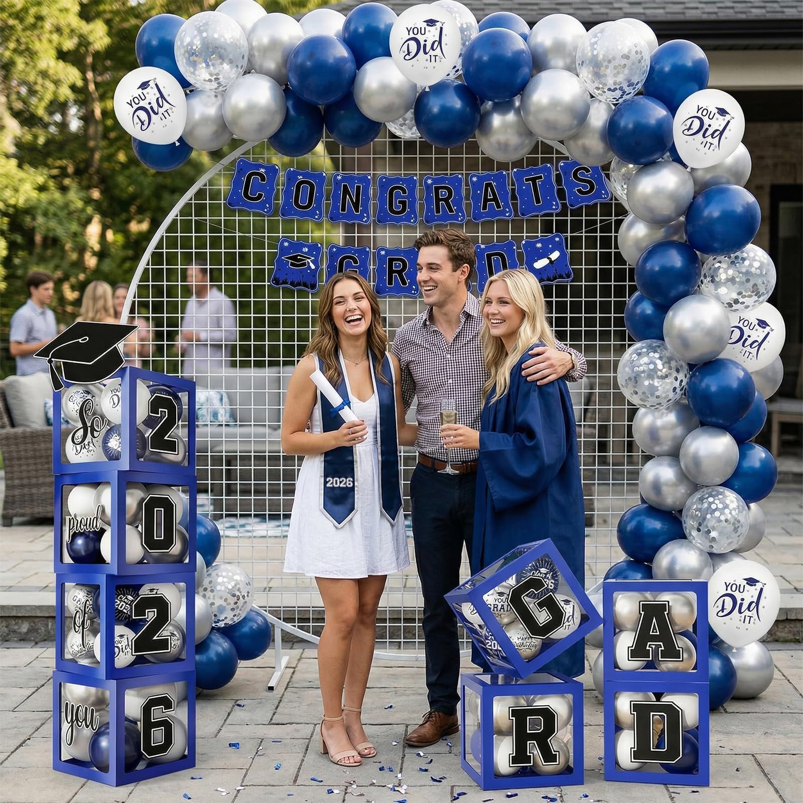 Gold and Black Graduation Party Decorations, Grad Balloon Boxes with Letters 2026 GRAD So Proud of You, Grad Balloons and Banner Decorations for Class of 2026 High School Graduation Decor