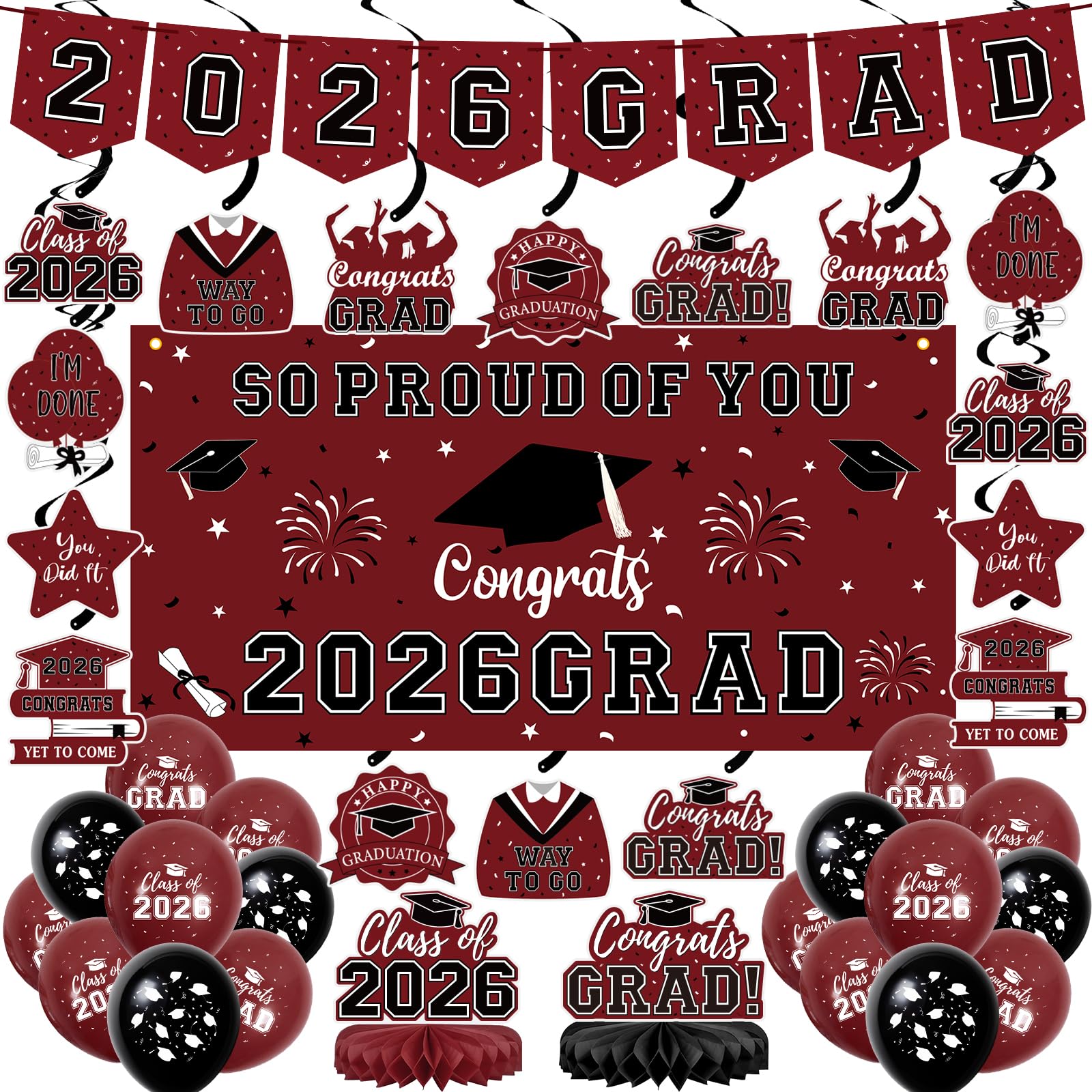 59Pcs Graduation Decorations 2026 Backdrop Balloons Banner Centerpiece Hanging Swirls Grad Class of 2026 Decorations for kindergarten K-12th College Any Grade Black Gold Themed