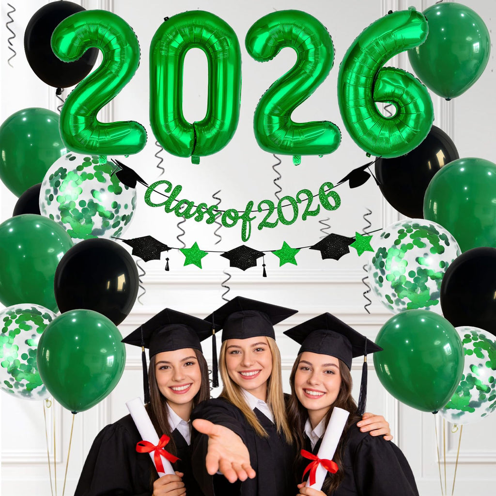 Graduation Balloons Class of 2026, Black Gold Graduation Party Decorations Set with 32in 2026 Number Balloons Confetti Balloon Star Cap Garland Banner for Senior High School College Grad Party Decor