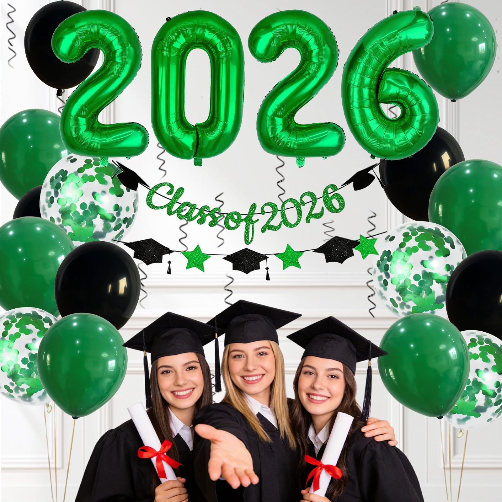 Graduation Balloons Class of 2026, Black Gold Graduation Party Decorations Set with 32in 2026 Number Balloons Confetti Balloon Star Cap Garland Banner for Senior High School College Grad Party Decor