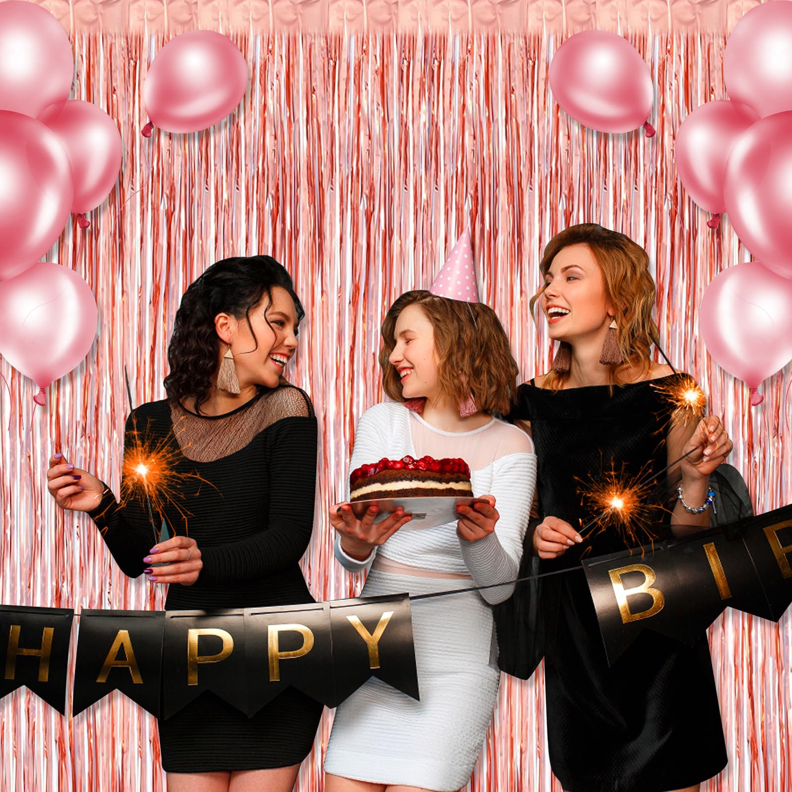3 Pack Black Gold Silver Foil Fringe Curtain Backdrop, 3.28Ft x6.6Ft Metallic Tinsel Foil Fringe Streamer Curtains for Photo Booth, Halloween, Christmas Day, Wedding, New Year Party Decoration