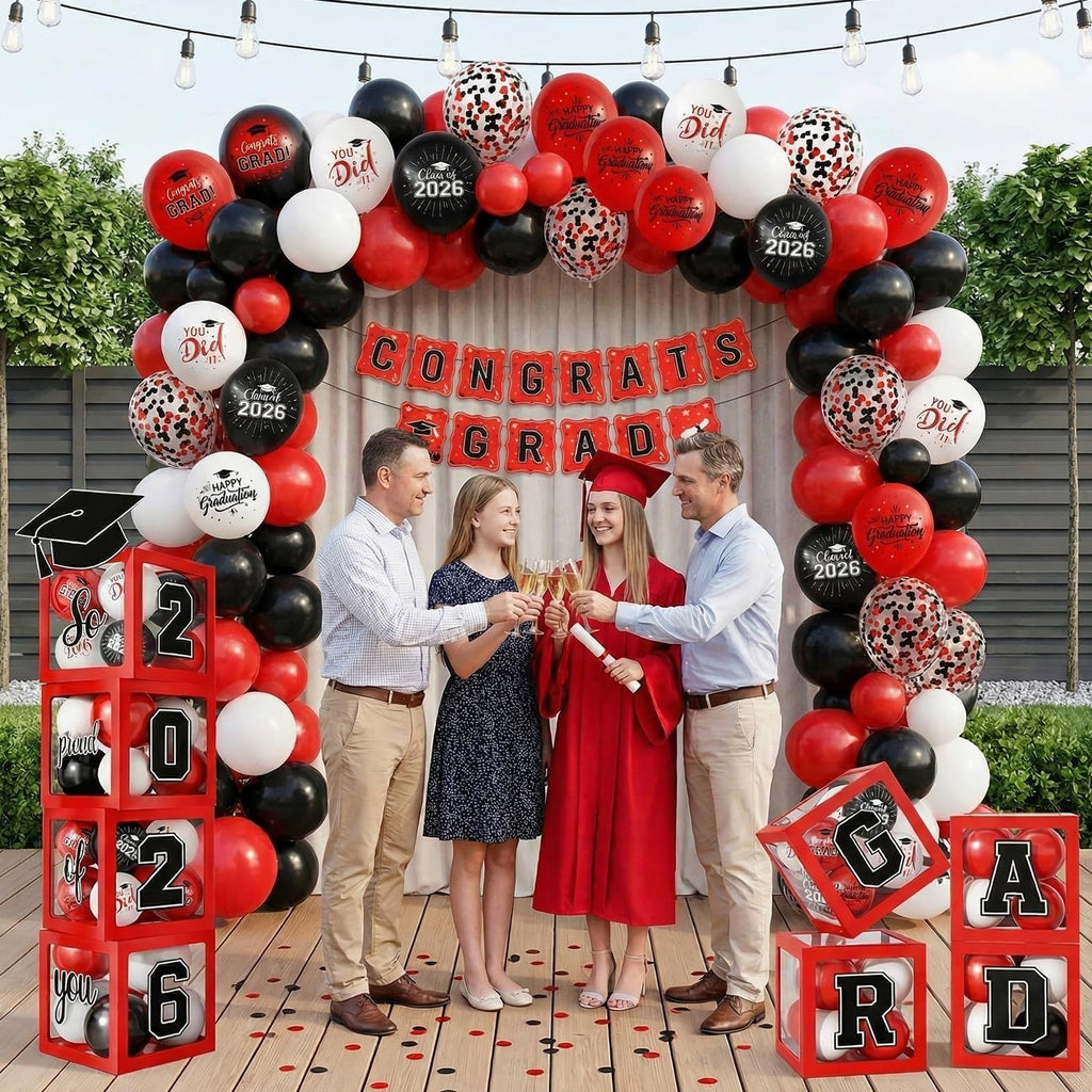 Gold and Black Graduation Party Decorations, Grad Balloon Boxes with Letters 2026 GRAD So Proud of You, Grad Balloons and Banner Decorations for Class of 2026 High School Graduation Decor
