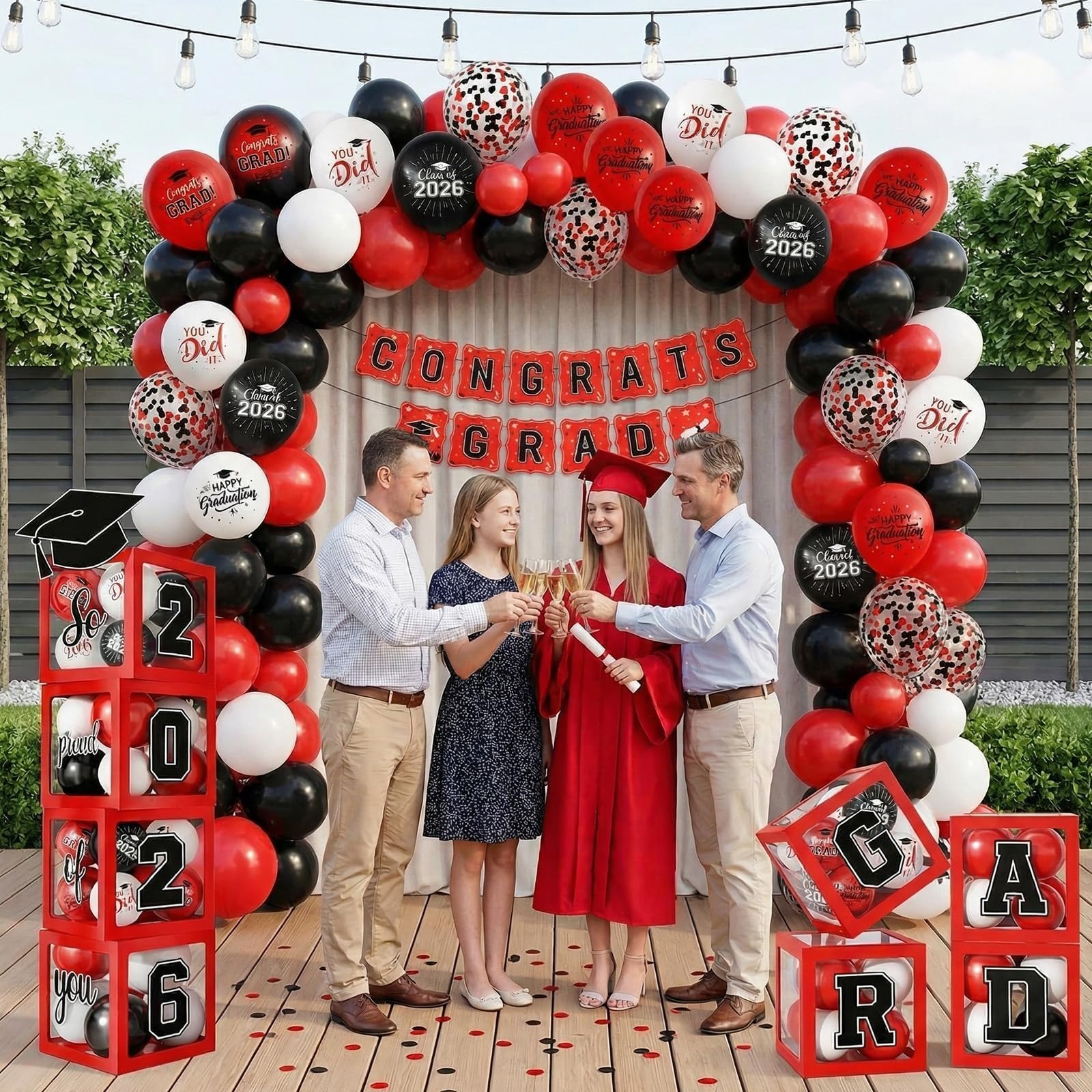 Gold and Black Graduation Party Decorations, Grad Balloon Boxes with Letters 2026 GRAD So Proud of You, Grad Balloons and Banner Decorations for Class of 2026 High School Graduation Decor