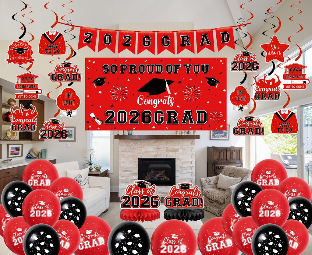 59Pcs Graduation Decorations 2026 Backdrop Balloons Banner Centerpiece Hanging Swirls Grad Class of 2026 Decorations for kindergarten K-12th College Any Grade Black Gold Themed