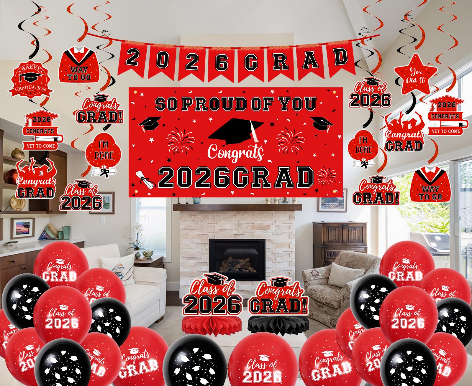 59Pcs Graduation Decorations 2026 Backdrop Balloons Banner Centerpiece Hanging Swirls Grad Class of 2026 Decorations for kindergarten K-12th College Any Grade Black Gold Themed
