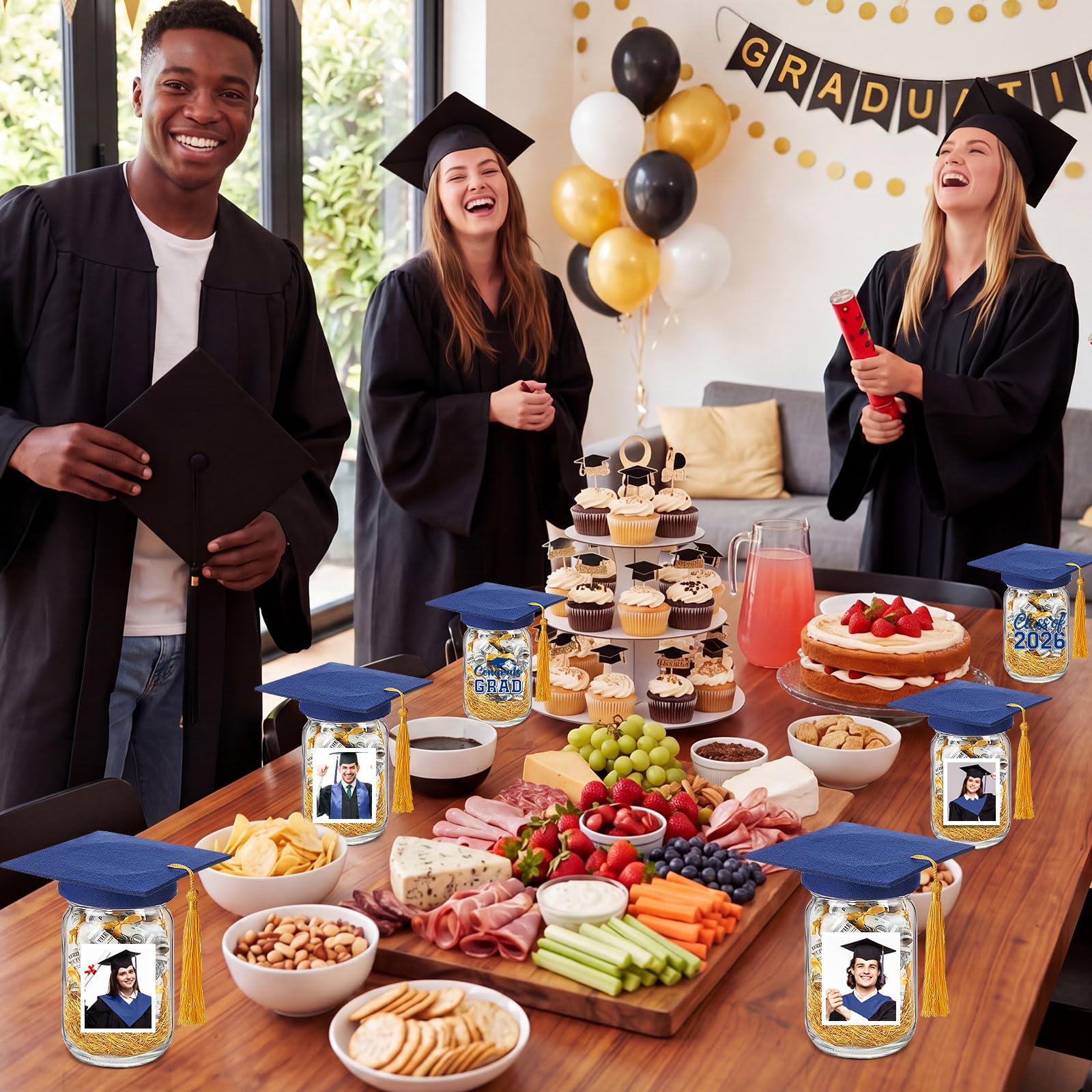 Suclain 6 Set Graduation Table Decorations Glass Mason Money Jars Gifts Class of 2026 Table Centerpieces with Felt Cap Raffia & Sticker for College High School Congrats Grad Parties(Black,Gold Tassel)