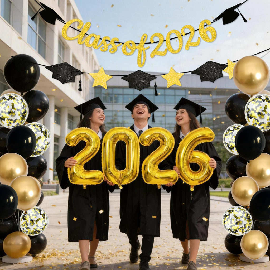 Graduation Balloons Class of 2026, Black Gold Graduation Party Decorations Set with 32in 2026 Number Balloons Confetti Balloon Star Cap Garland Banner for Senior High School College Grad Party Decor