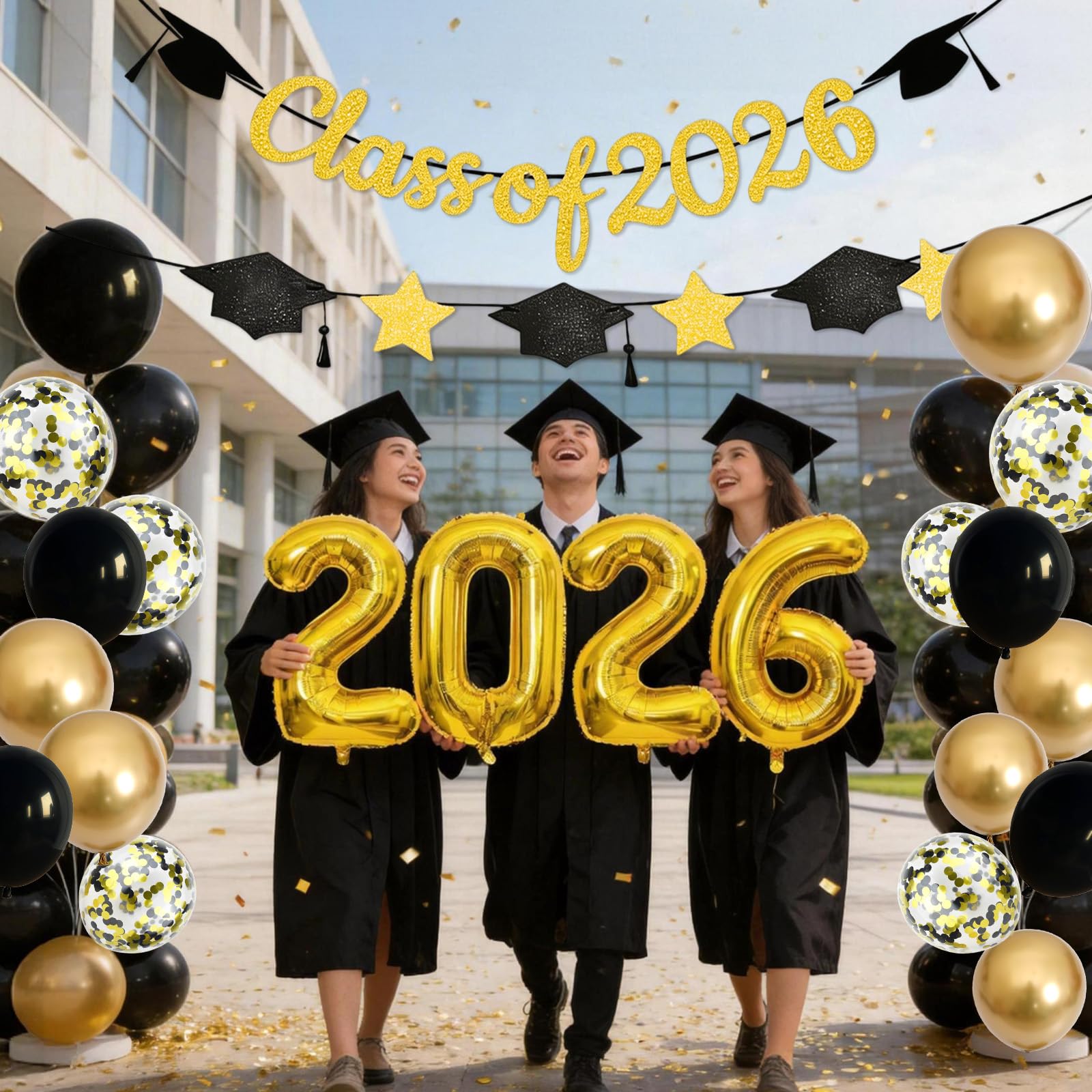 Graduation Balloons Class of 2026, Black Gold Graduation Party Decorations Set with 32in 2026 Number Balloons Confetti Balloon Star Cap Garland Banner for Senior High School College Grad Party Decor