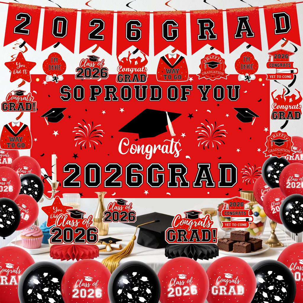 59Pcs Graduation Decorations 2026 Backdrop Balloons Banner Centerpiece Hanging Swirls Grad Class of 2026 Decorations for kindergarten K-12th College Any Grade Black Gold Themed