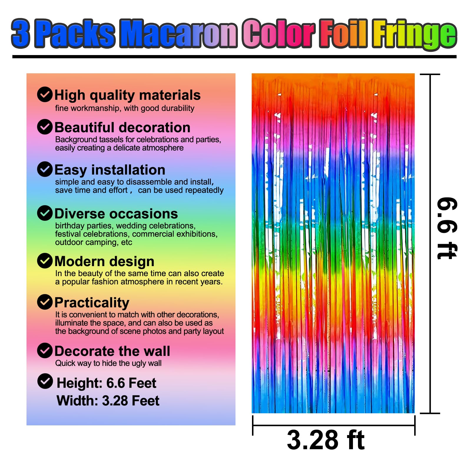 3 Pack Black Gold Silver Foil Fringe Curtain Backdrop, 3.28Ft x6.6Ft Metallic Tinsel Foil Fringe Streamer Curtains for Photo Booth, Halloween, Christmas Day, Wedding, New Year Party Decoration