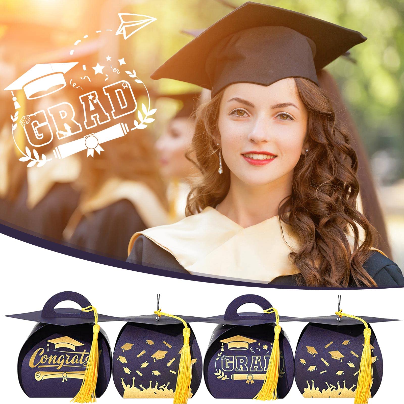 Spakon 30 Pcs Graduation Cap Gift Box Graduation Party Favors Candy Boxes Treat Box with Tassel Table Centerpieces Class of 2026 Grad Decorations(Blue, Gold)