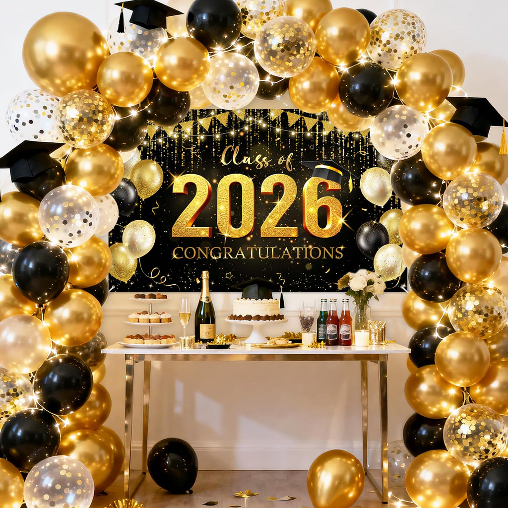 Avezano Graduation Backdrop Black and Gold Congratulations Class of 2026 Banner 2026 Graduation Decorations Photo Booth Background (6x3.6ft)