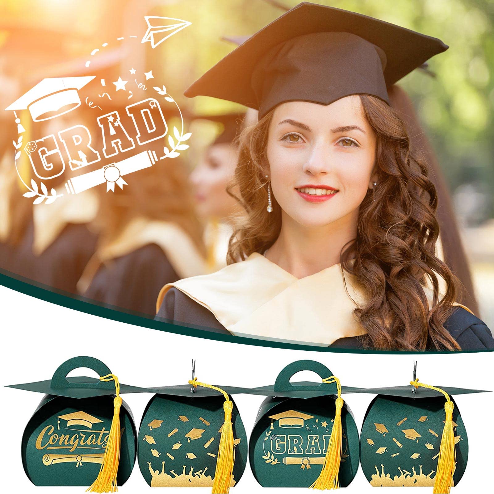 Spakon 30 Pcs Graduation Cap Gift Box Graduation Party Favors Candy Boxes Treat Box with Tassel Table Centerpieces Class of 2026 Grad Decorations(Blue, Gold)