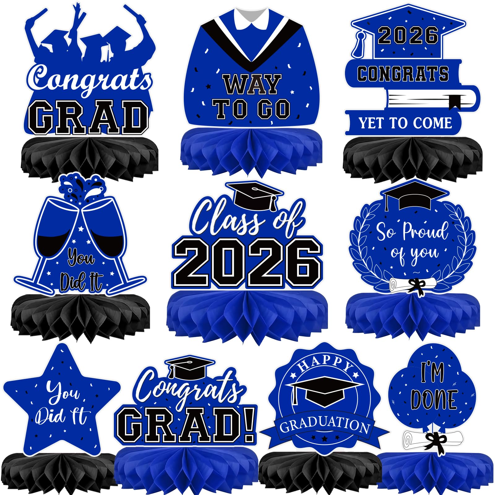 10Pcs Graduation Decorations 2026 Class of 2026 Congrats Grad Table Honeycomb Centerpieces Graduation Party Supplies for kindergarten K-12th College Any Grade Black