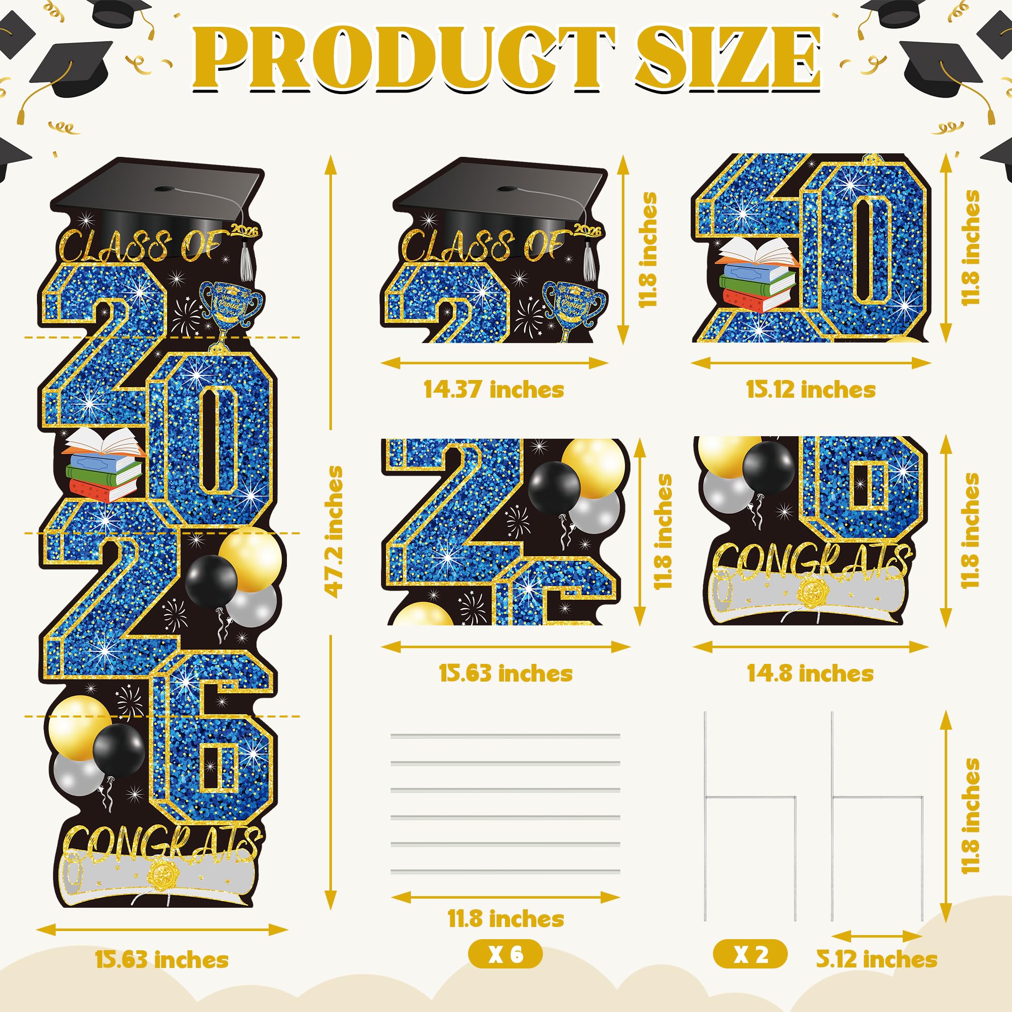 4 Pcs Congrats Grad Sign, Blue Graduation Yard Signs Class of 2026 with Stakes, Yard Sign Graduation 2026 for Indoor Outdoor Grad Party Decorations Backdrop High College School Decor Supplies