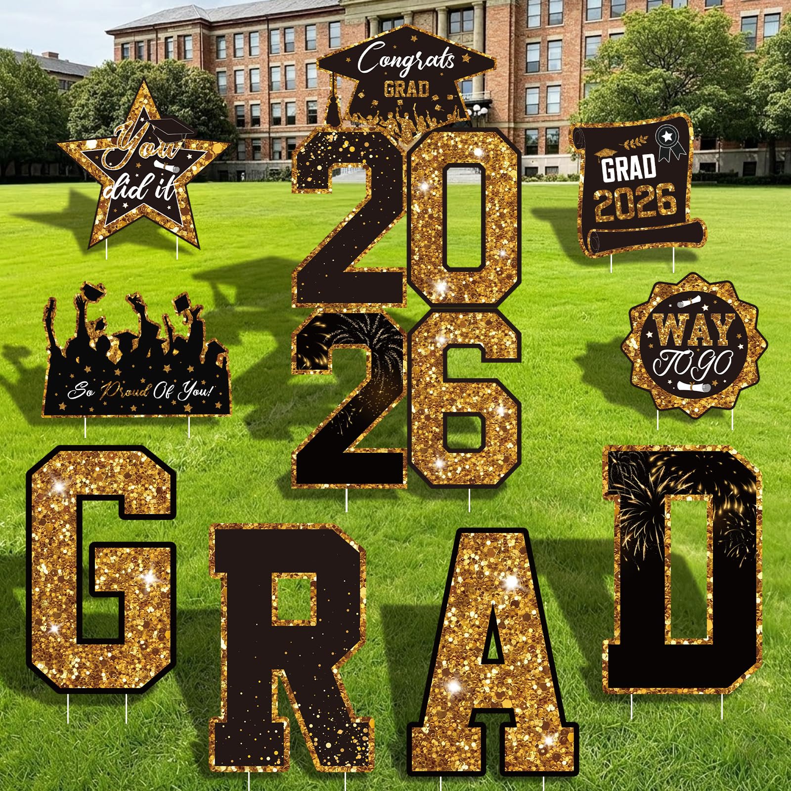 Graduation Yard Sign Class of 2026 Decorations, 4pcs Large Size Black and Gold Congrats Grad 2026 Lawn Yard Sign with Stakes for High School College Indoor Outdoor Graduation Party Decor Supplies