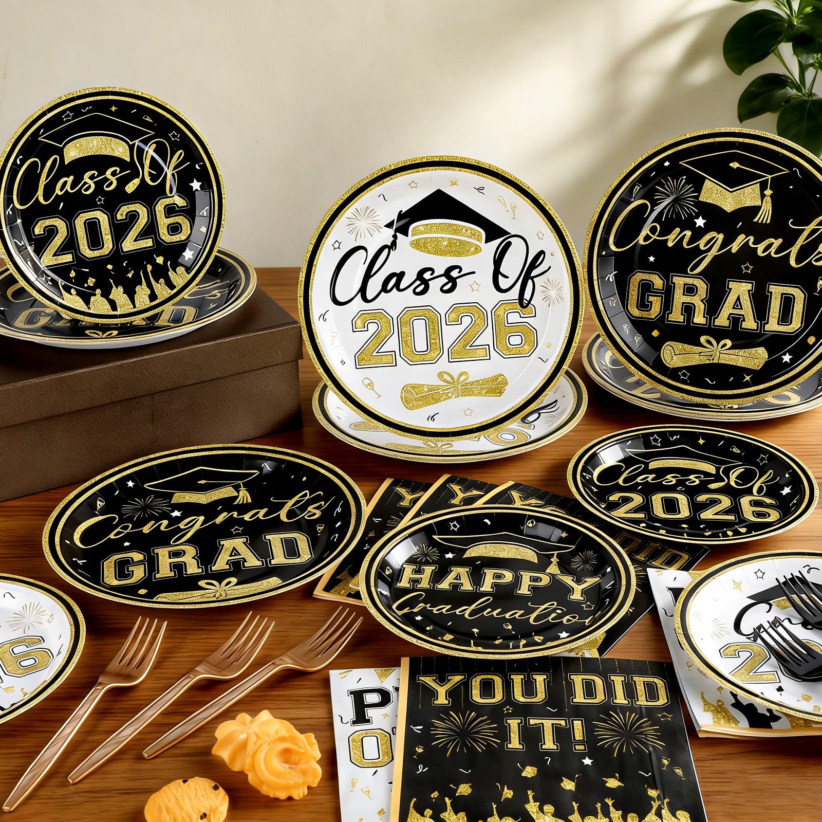 96Pcs Graduation Plates and Napkins 2026 Congrats Grad Party Decorations Grad Party Tableware Supplies Class of 2026 Disposable Dinnerware for Graduate Parties Decor Serve 24, Black and Gold
