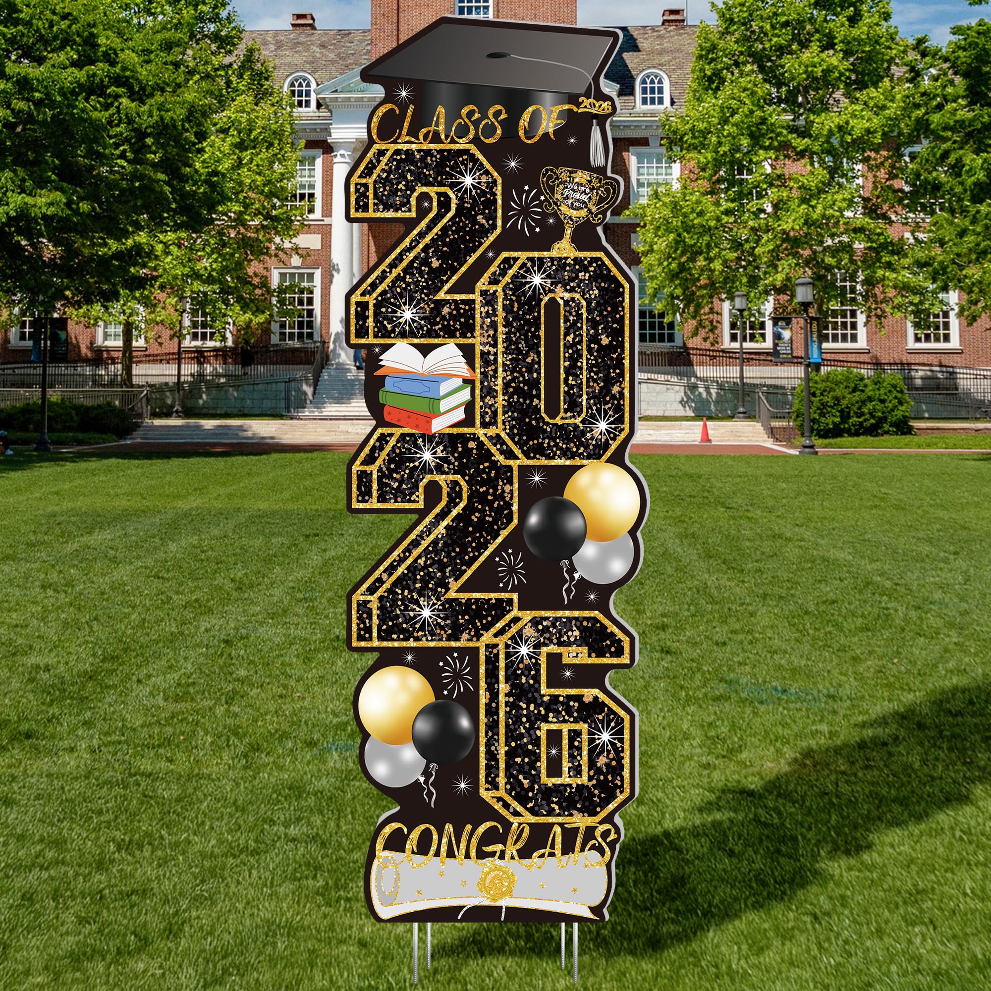 4 Pcs Congrats Grad Sign, Blue Graduation Yard Signs Class of 2026 with Stakes, Yard Sign Graduation 2026 for Indoor Outdoor Grad Party Decorations Backdrop High College School Decor Supplies