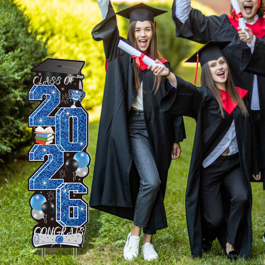 4 Pcs Congrats Grad Sign, Blue Graduation Yard Signs Class of 2026 with Stakes, Yard Sign Graduation 2026 for Indoor Outdoor Grad Party Decorations Backdrop High College School Decor Supplies