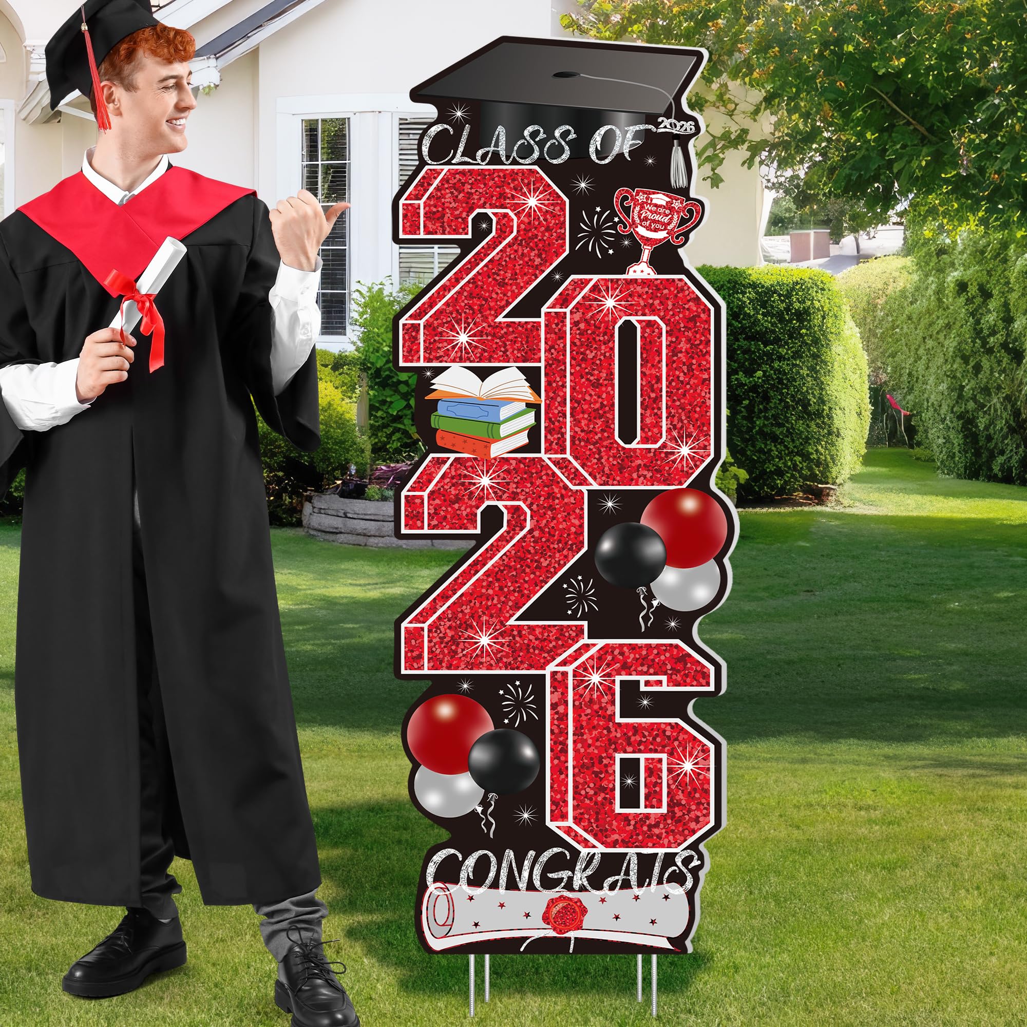 4 Pcs Congrats Grad Sign, Blue Graduation Yard Signs Class of 2026 with Stakes, Yard Sign Graduation 2026 for Indoor Outdoor Grad Party Decorations Backdrop High College School Decor Supplies