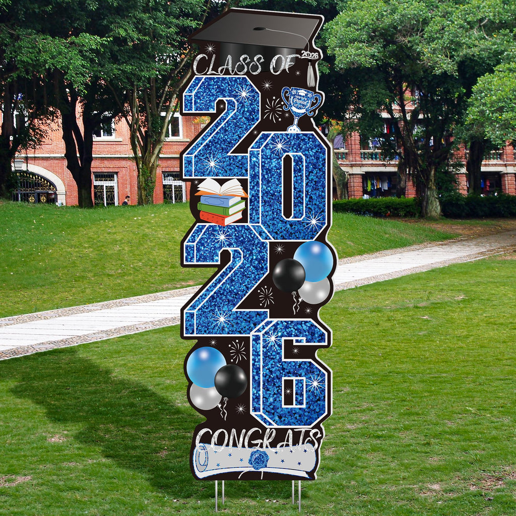 4 Pcs Congrats Grad Sign, Blue Graduation Yard Signs Class of 2026 with Stakes, Yard Sign Graduation 2026 for Indoor Outdoor Grad Party Decorations Backdrop High College School Decor Supplies