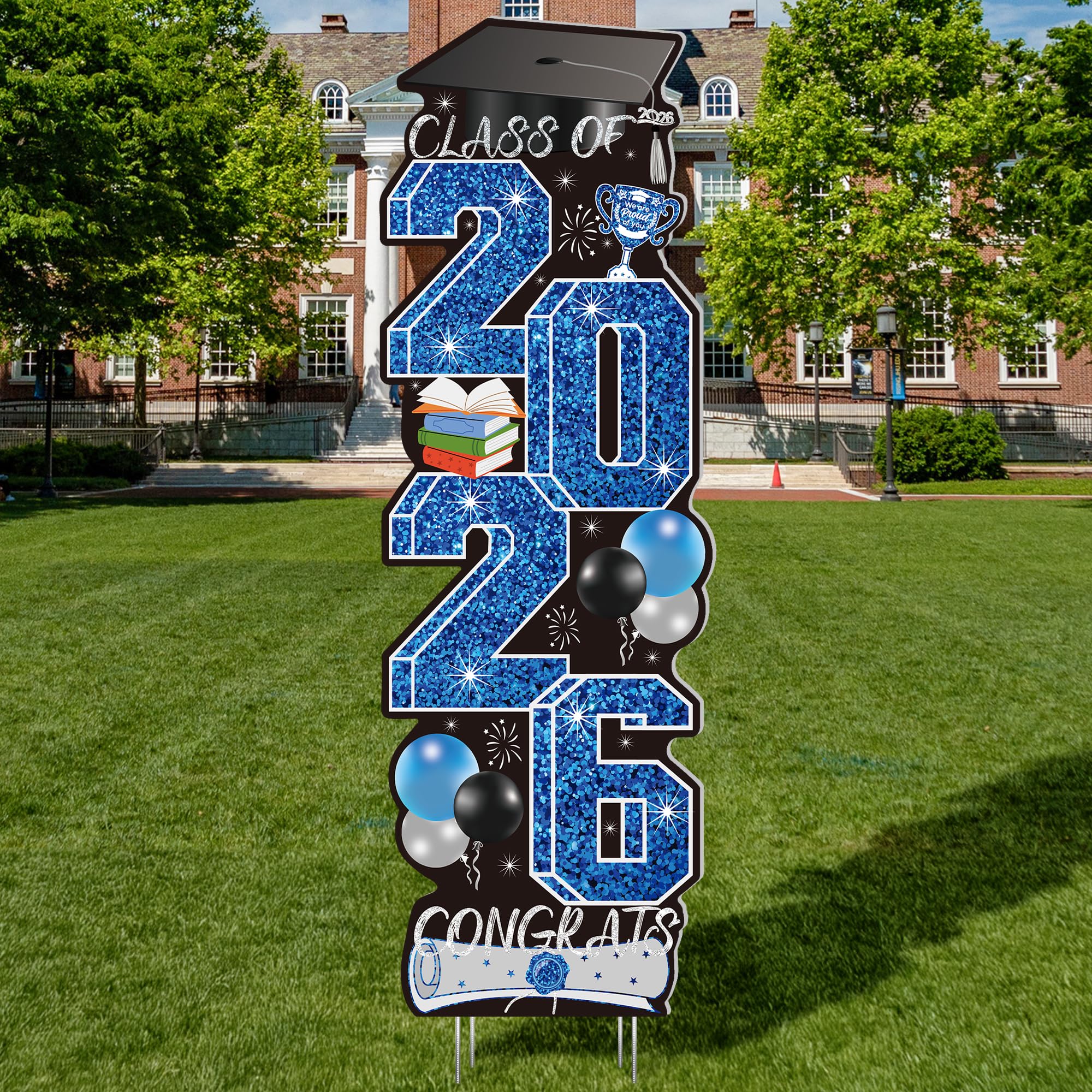 4 Pcs Congrats Grad Sign, Blue Graduation Yard Signs Class of 2026 with Stakes, Yard Sign Graduation 2026 for Indoor Outdoor Grad Party Decorations Backdrop High College School Decor Supplies