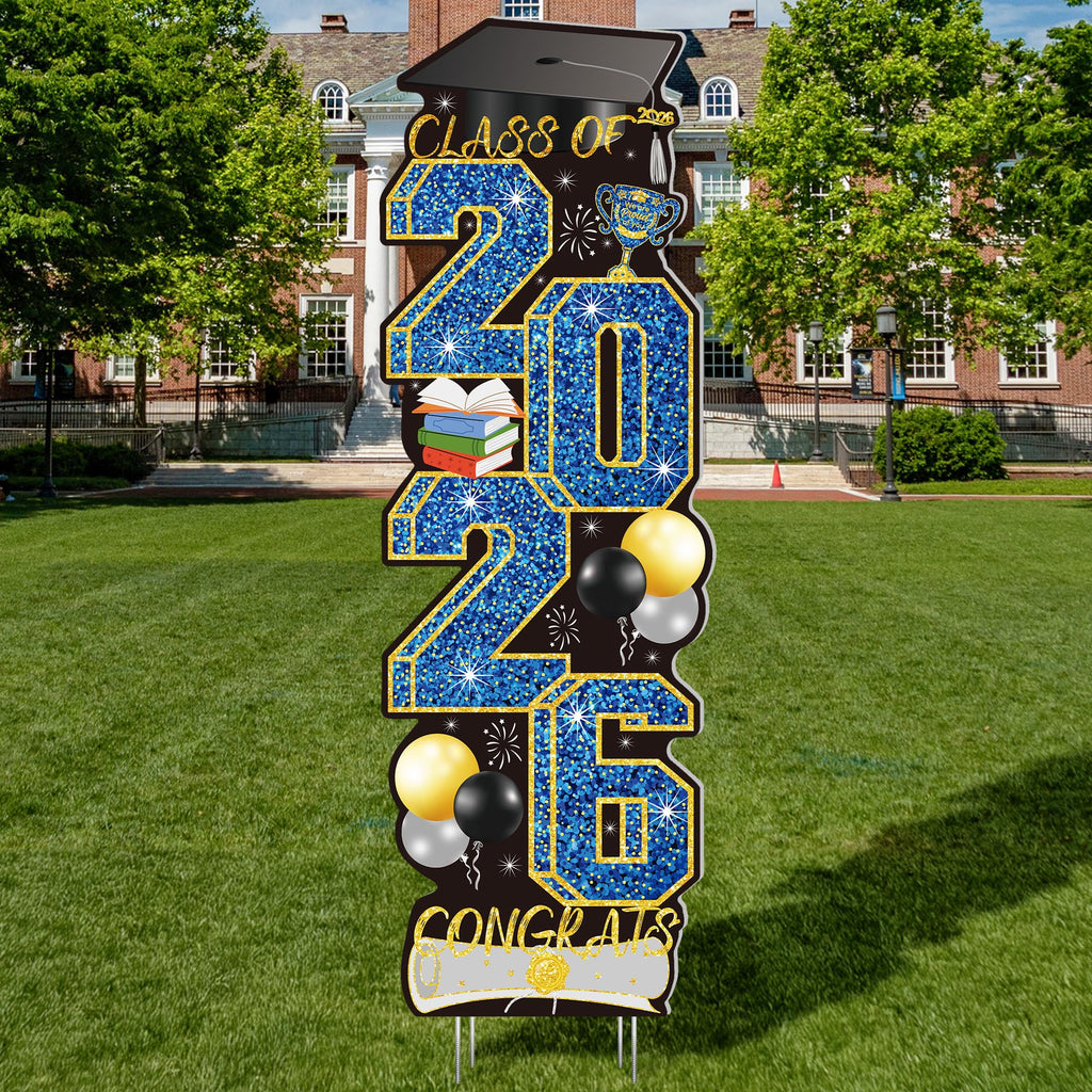 4 Pcs Congrats Grad Sign, Blue Graduation Yard Signs Class of 2026 with Stakes, Yard Sign Graduation 2026 for Indoor Outdoor Grad Party Decorations Backdrop High College School Decor Supplies