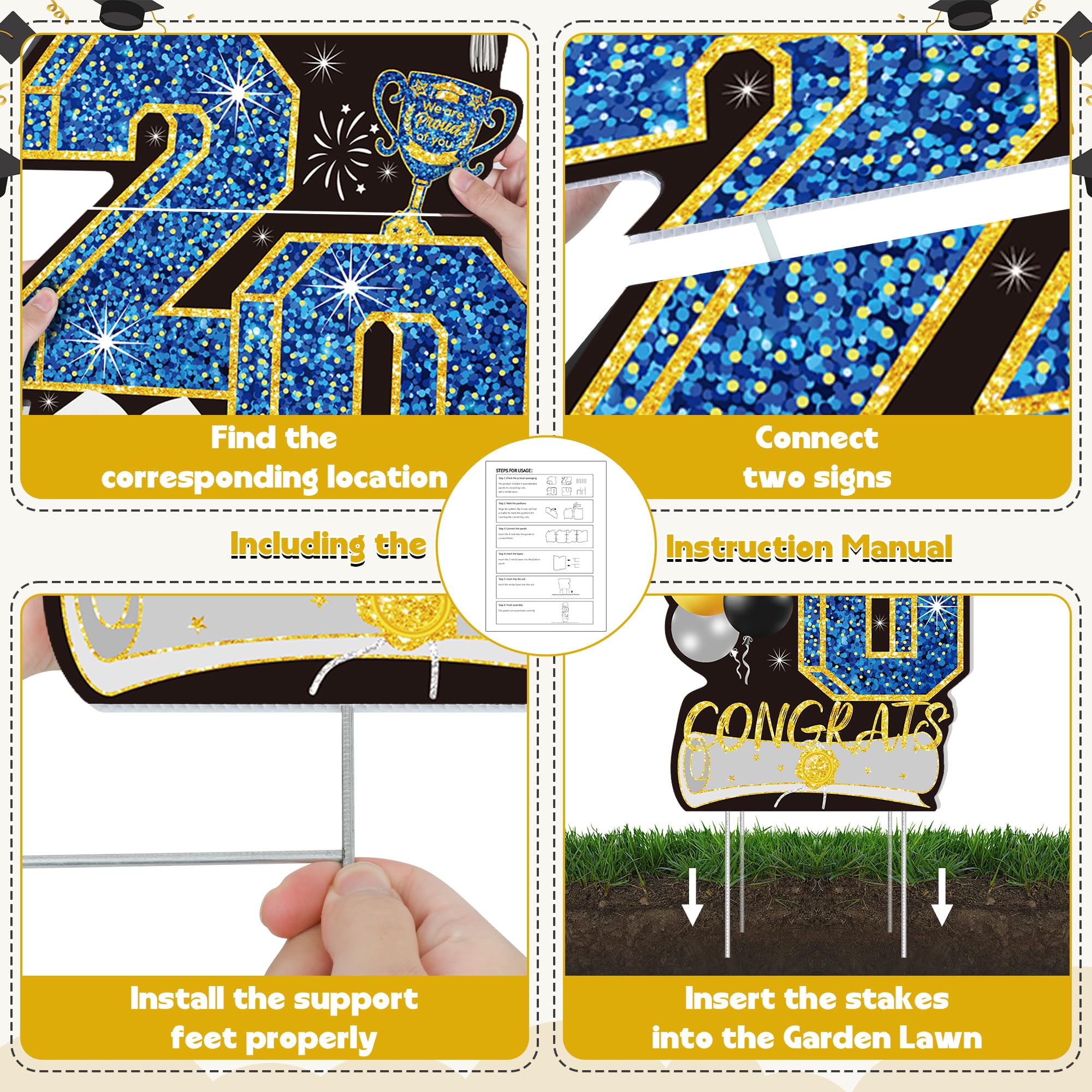 4 Pcs Congrats Grad Sign, Blue Graduation Yard Signs Class of 2026 with Stakes, Yard Sign Graduation 2026 for Indoor Outdoor Grad Party Decorations Backdrop High College School Decor Supplies