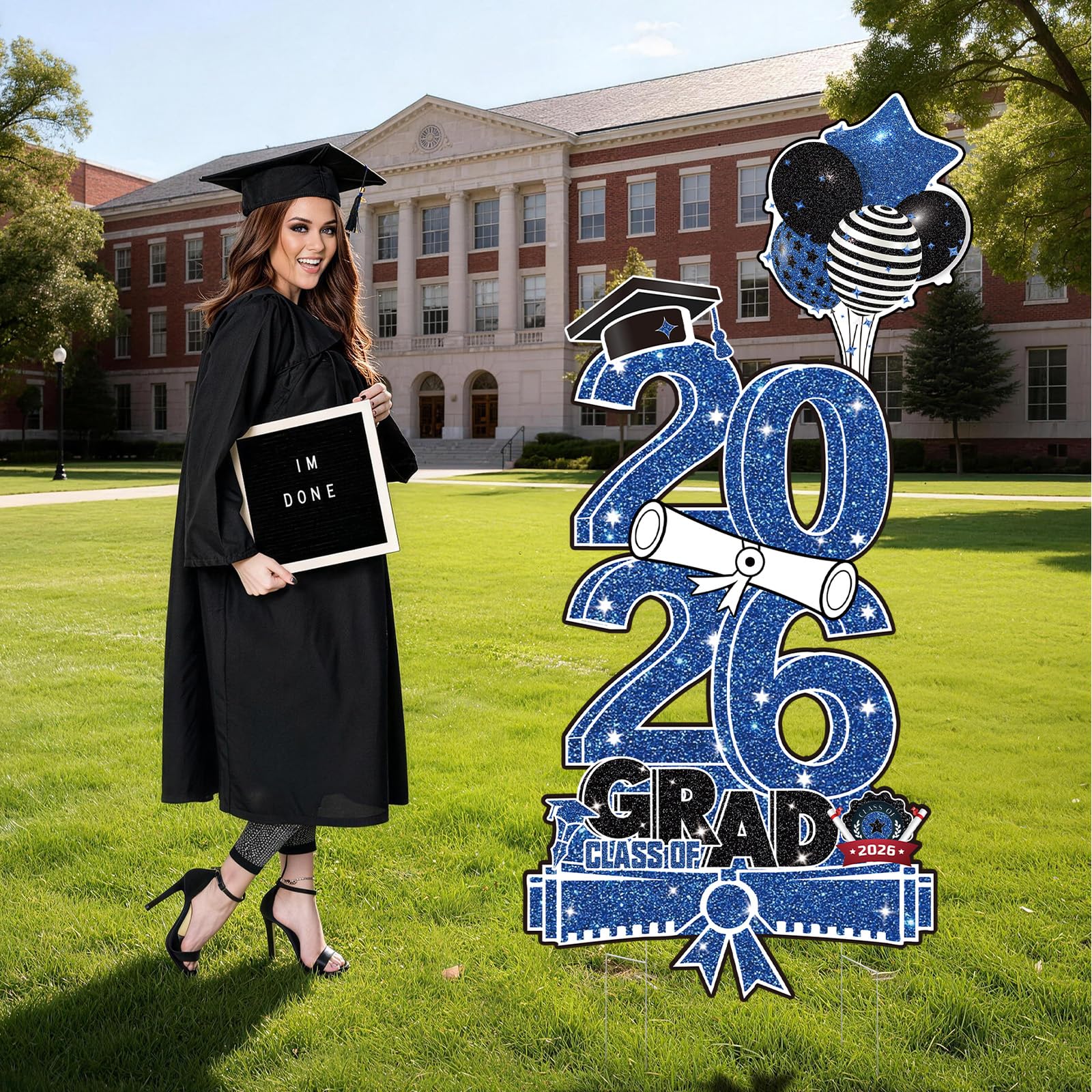 Graduation Yard Sign Class of 2026 Decorations, 4pcs Large Size Black and Gold Congrats Grad 2026 Lawn Yard Sign with Stakes for High School College Indoor Outdoor Graduation Party Decor Supplies