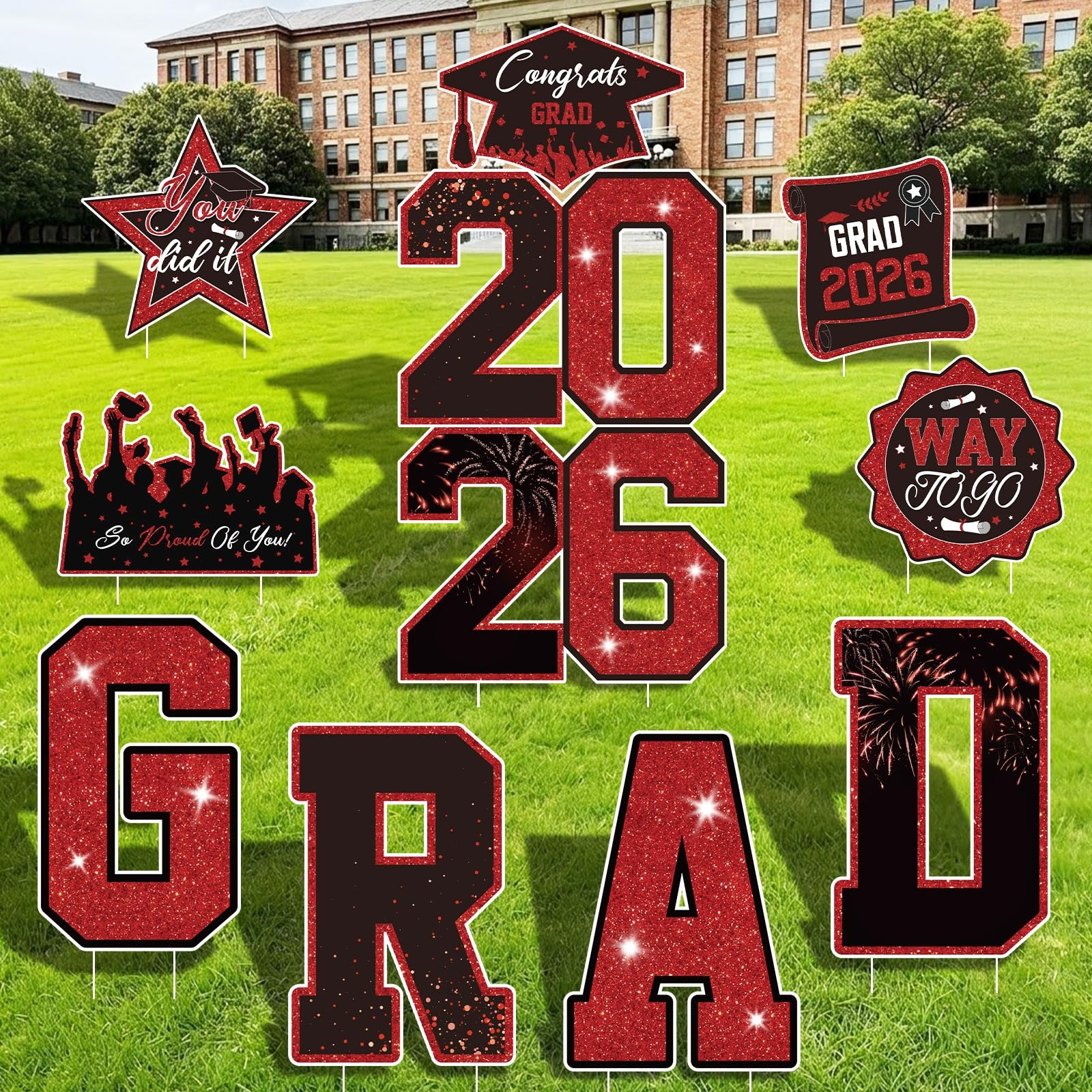 Graduation Yard Sign Class of 2026 Decorations, 4pcs Large Size Black and Gold Congrats Grad 2026 Lawn Yard Sign with Stakes for High School College Indoor Outdoor Graduation Party Decor Supplies