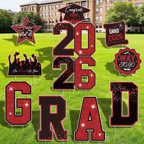Graduation Yard Sign Class of 2026 Decorations, 4pcs Large Size Black and Gold Congrats Grad 2026 Lawn Yard Sign with Stakes for High School College Indoor Outdoor Graduation Party Decor Supplies