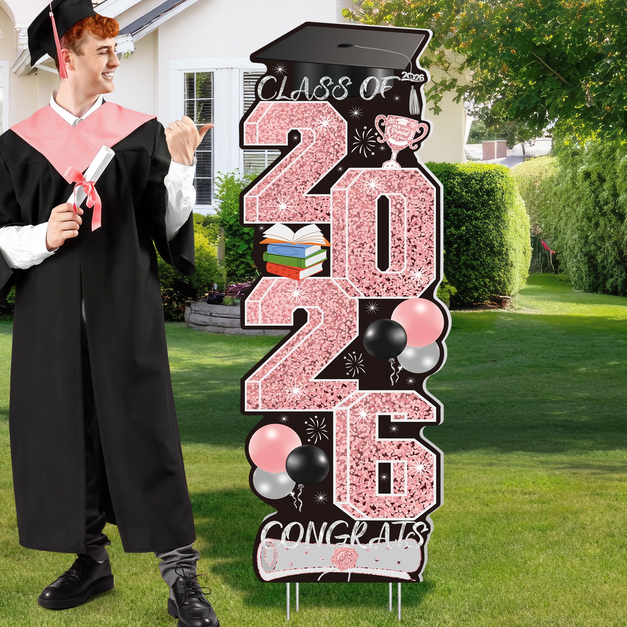 4 Pcs Congrats Grad Sign, Blue Graduation Yard Signs Class of 2026 with Stakes, Yard Sign Graduation 2026 for Indoor Outdoor Grad Party Decorations Backdrop High College School Decor Supplies