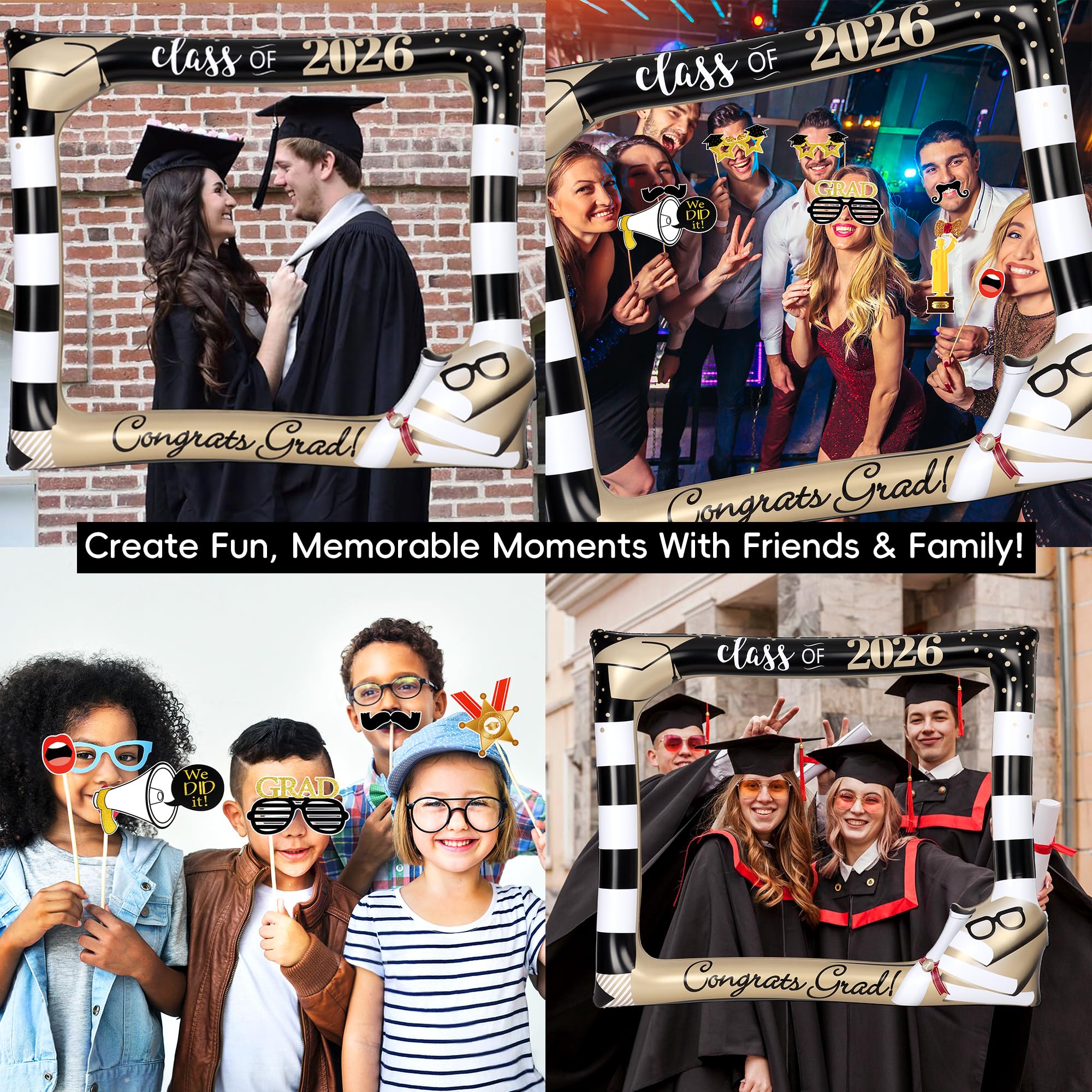 POPGIFTU Class of 2026 Graduation Photo Booth Frame, Inflatable Selfie Frame 31" x 24", Black Gold Congrats Grad Photo Booth Props for Graduation Party Decorations 2026