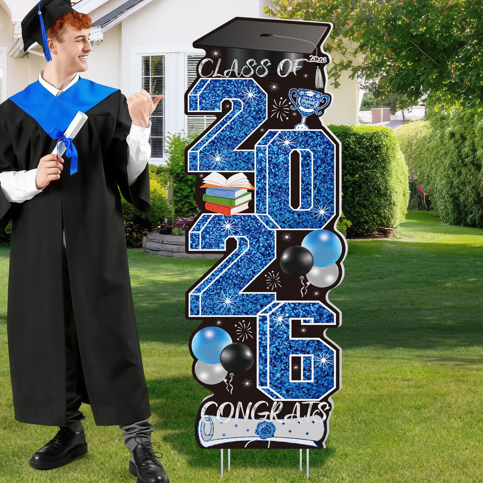 4 Pcs Congrats Grad Sign, Blue Graduation Yard Signs Class of 2026 with Stakes, Yard Sign Graduation 2026 for Indoor Outdoor Grad Party Decorations Backdrop High College School Decor Supplies