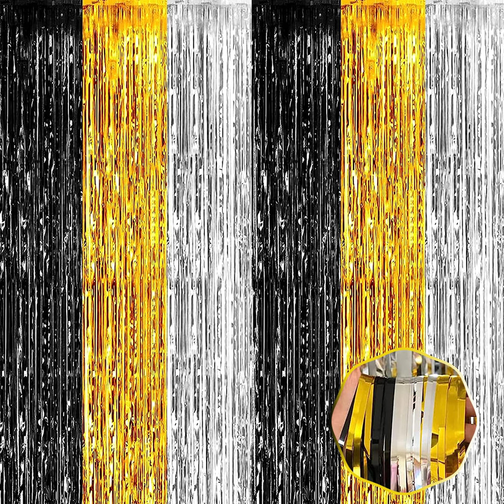 3 Pack Black Gold Silver Foil Fringe Curtain Backdrop, 3.28Ft x6.6Ft Metallic Tinsel Foil Fringe Streamer Curtains for Photo Booth, Halloween, Christmas Day, Wedding, New Year Party Decoration