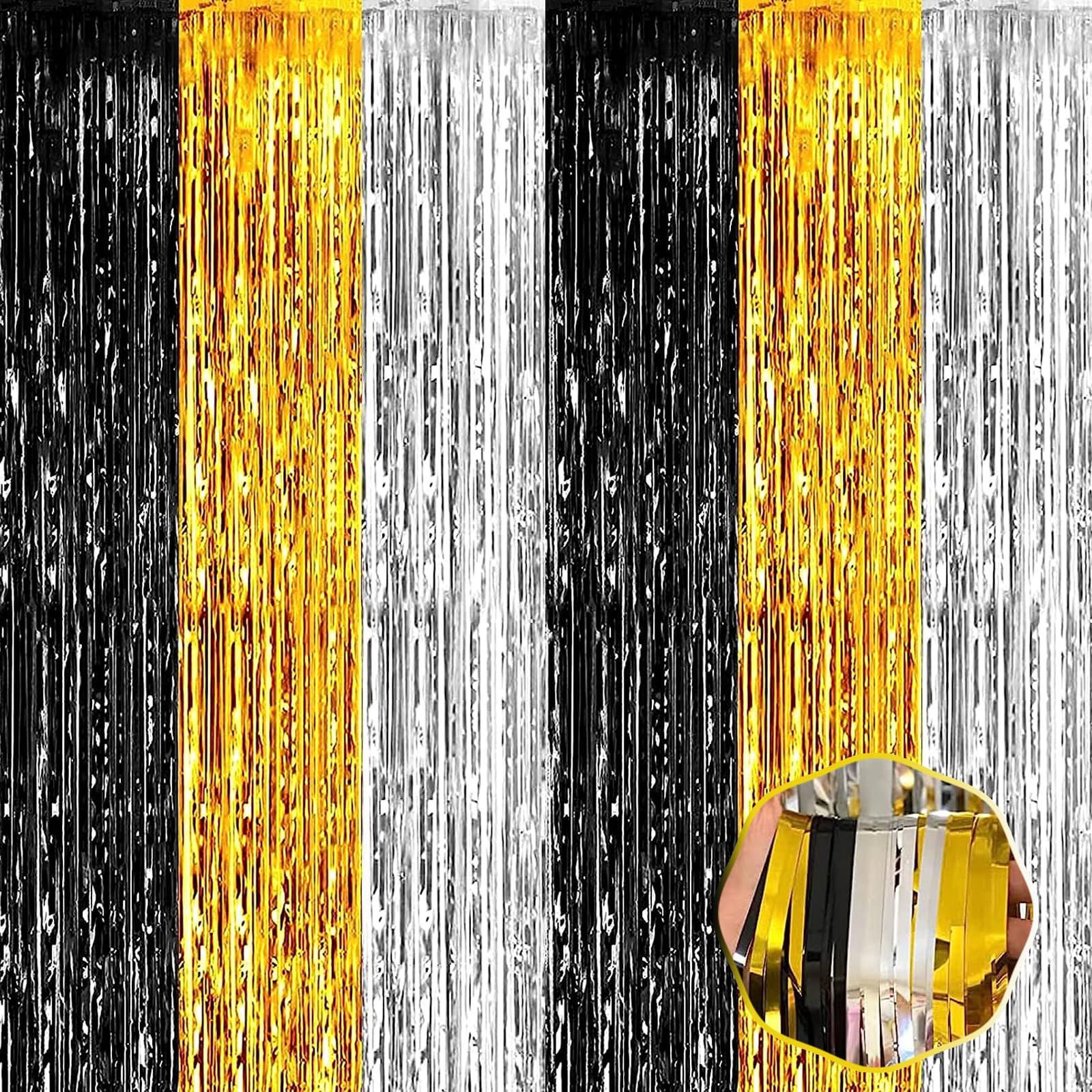 3 Pack Black Gold Silver Foil Fringe Curtain Backdrop, 3.28Ft x6.6Ft Metallic Tinsel Foil Fringe Streamer Curtains for Photo Booth, Halloween, Christmas Day, Wedding, New Year Party Decoration