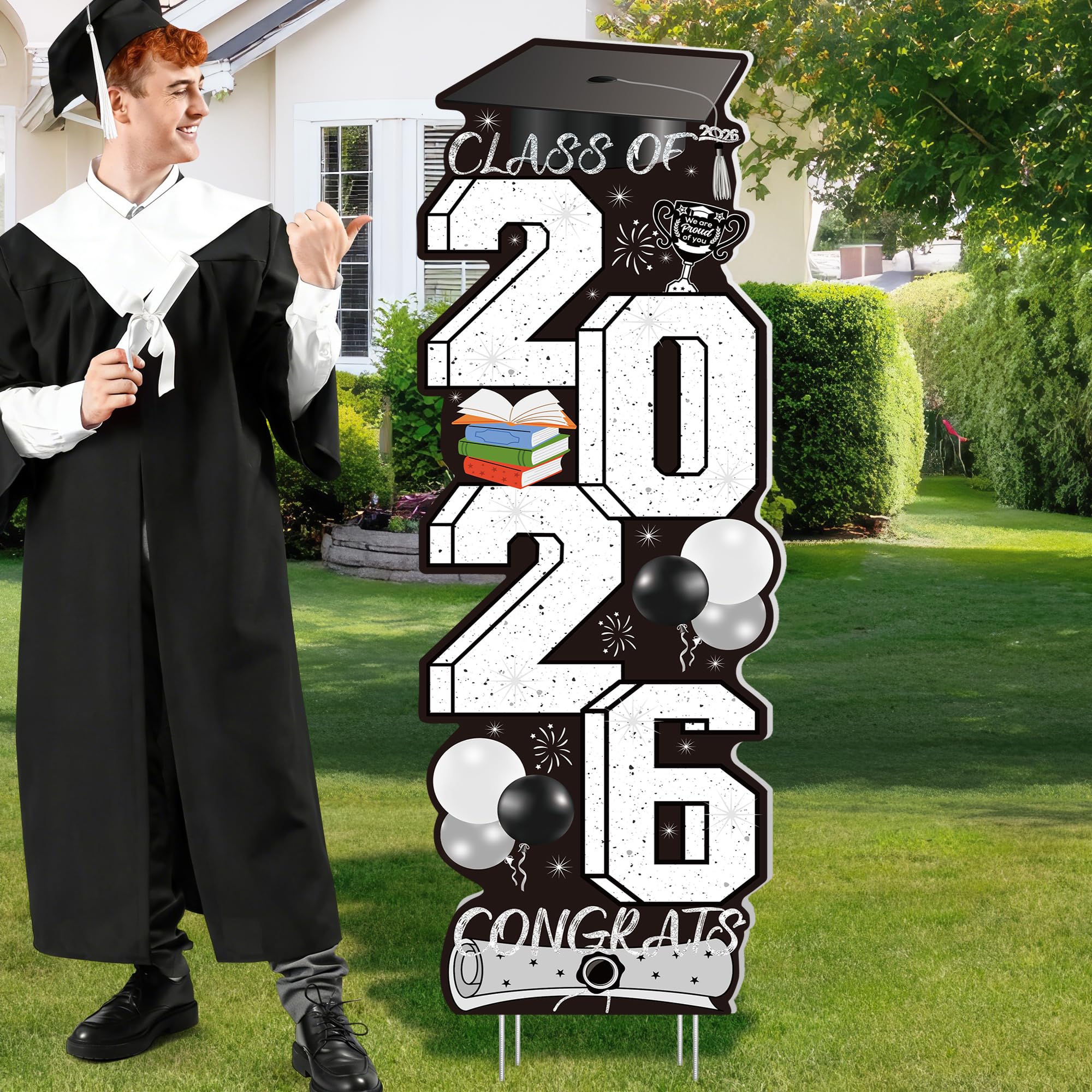 4 Pcs Congrats Grad Sign, Blue Graduation Yard Signs Class of 2026 with Stakes, Yard Sign Graduation 2026 for Indoor Outdoor Grad Party Decorations Backdrop High College School Decor Supplies