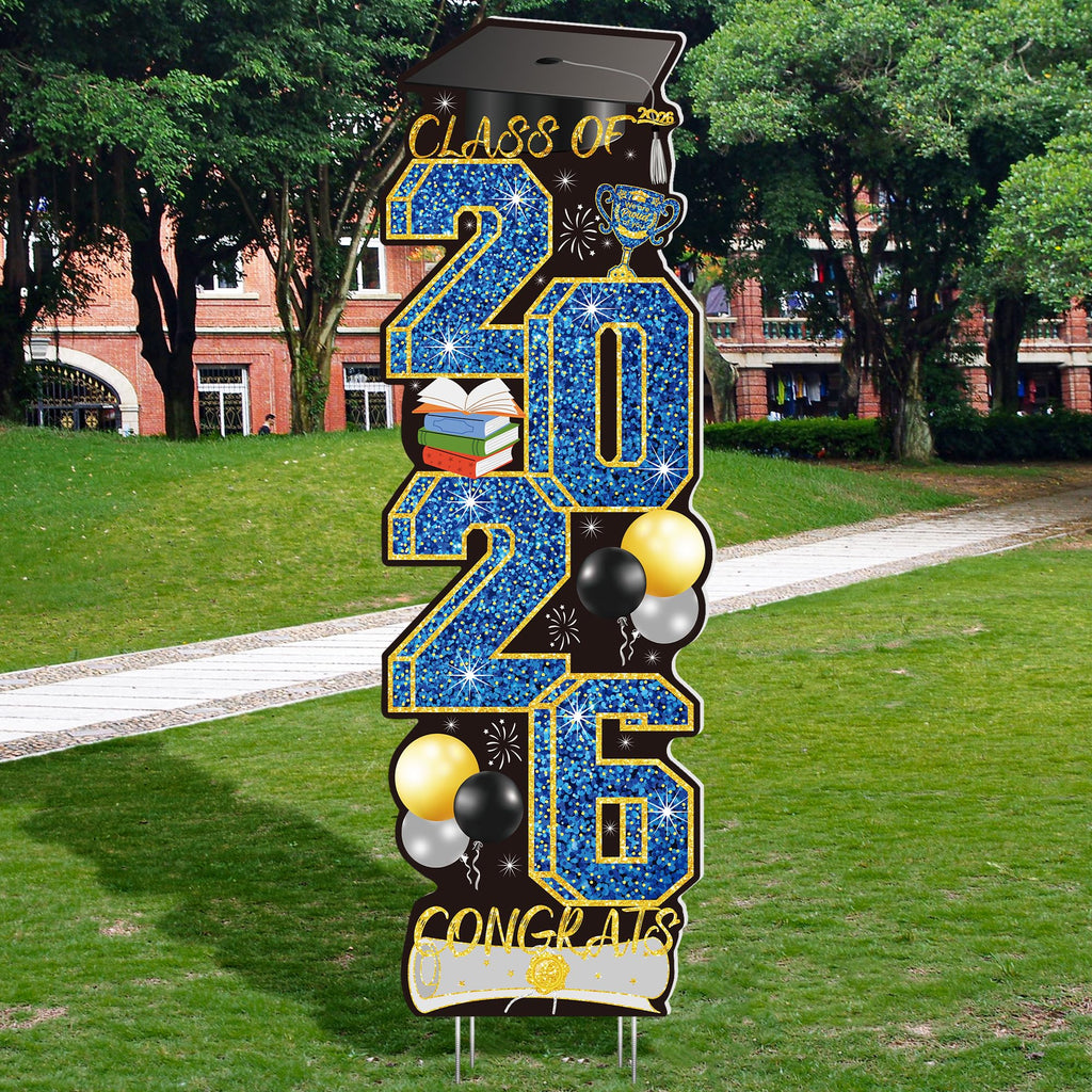 4 Pcs Congrats Grad Sign, Blue Graduation Yard Signs Class of 2026 with Stakes, Yard Sign Graduation 2026 for Indoor Outdoor Grad Party Decorations Backdrop High College School Decor Supplies