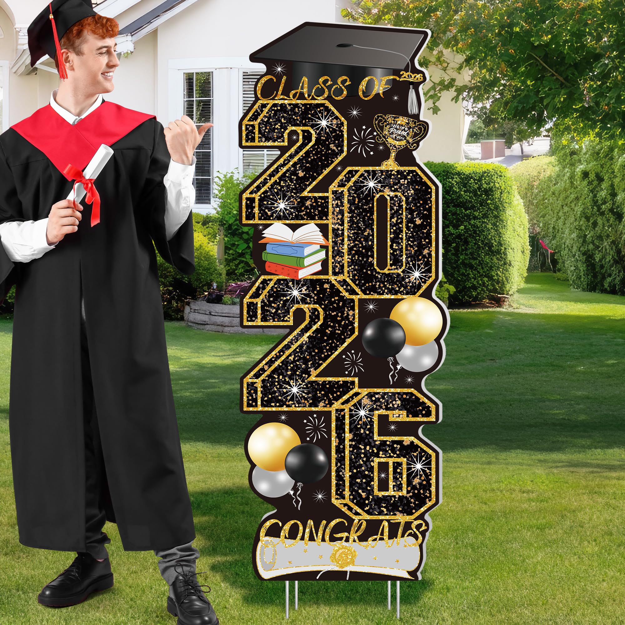 4 Pcs Congrats Grad Sign, Blue Graduation Yard Signs Class of 2026 with Stakes, Yard Sign Graduation 2026 for Indoor Outdoor Grad Party Decorations Backdrop High College School Decor Supplies