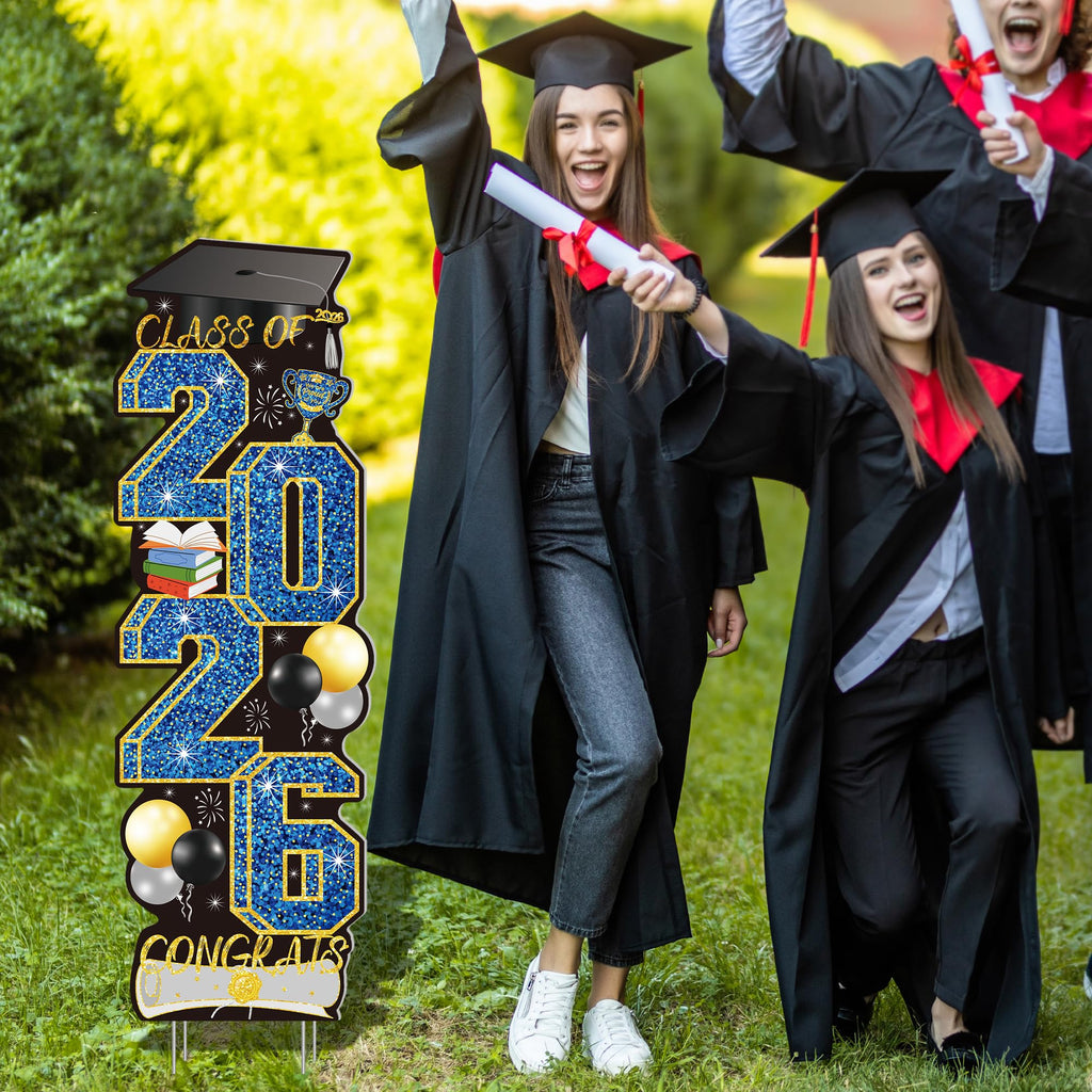 4 Pcs Congrats Grad Sign, Blue Graduation Yard Signs Class of 2026 with Stakes, Yard Sign Graduation 2026 for Indoor Outdoor Grad Party Decorations Backdrop High College School Decor Supplies