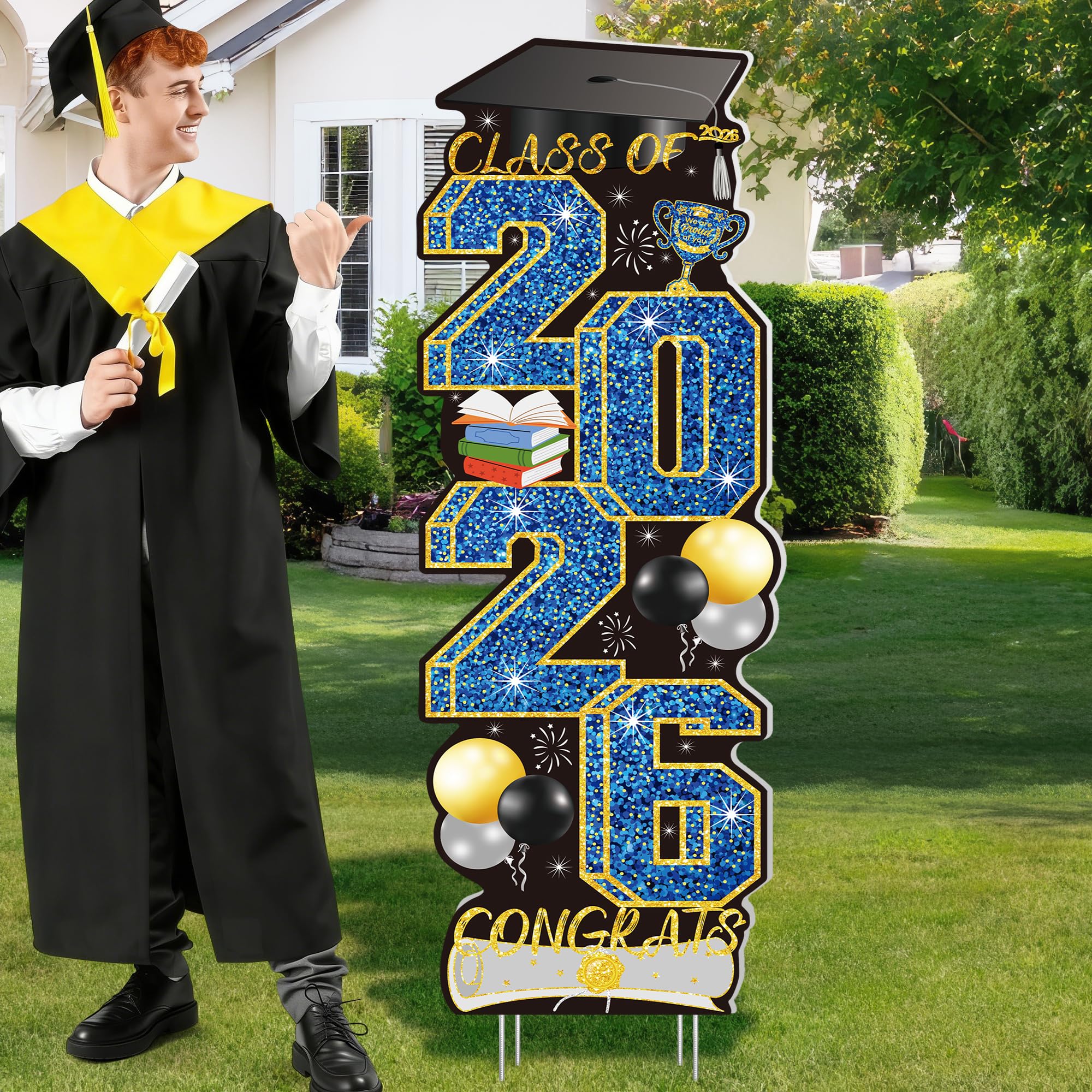 4 Pcs Congrats Grad Sign, Blue Graduation Yard Signs Class of 2026 with Stakes, Yard Sign Graduation 2026 for Indoor Outdoor Grad Party Decorations Backdrop High College School Decor Supplies