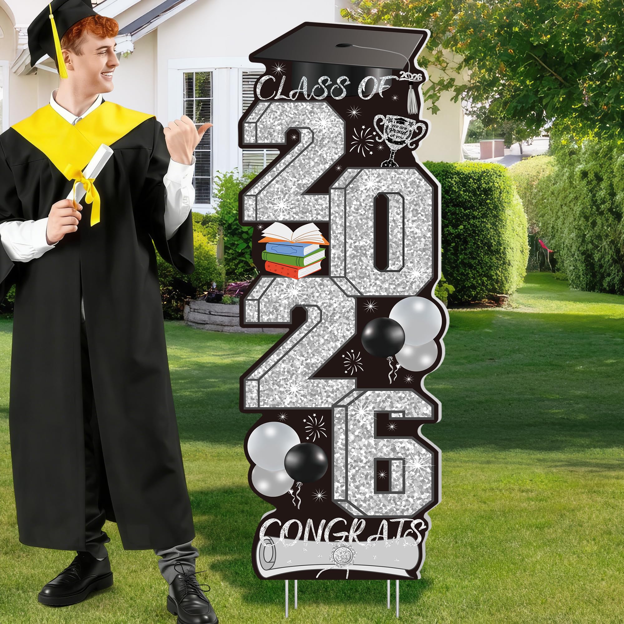 4 Pcs Congrats Grad Sign, Blue Graduation Yard Signs Class of 2026 with Stakes, Yard Sign Graduation 2026 for Indoor Outdoor Grad Party Decorations Backdrop High College School Decor Supplies
