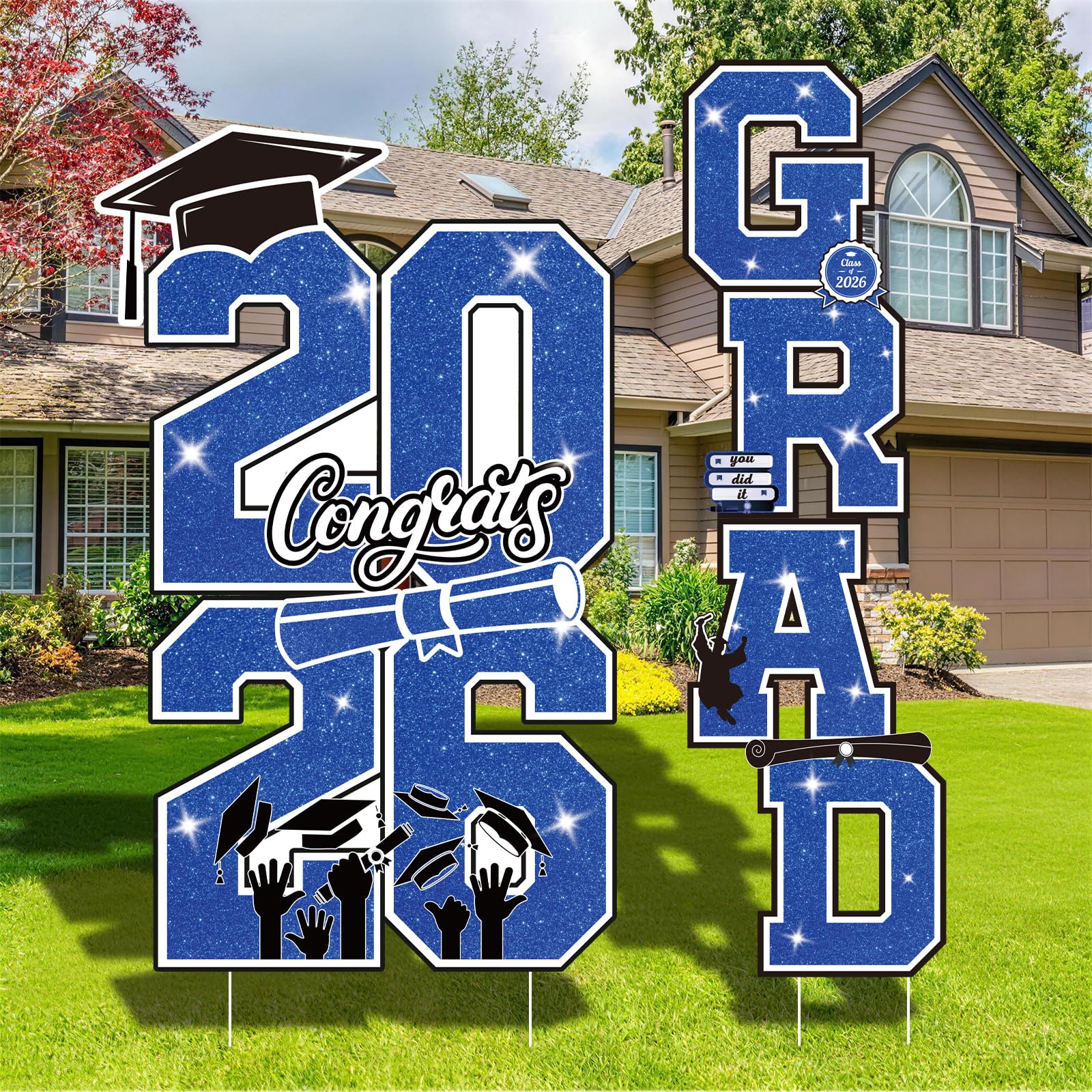 Graduation Yard Sign Class of 2026 Decorations, 4pcs Large Size Black and Gold Congrats Grad 2026 Lawn Yard Sign with Stakes for High School College Indoor Outdoor Graduation Party Decor Supplies