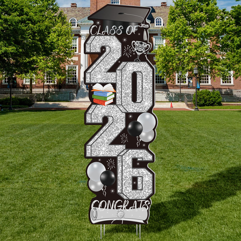 4 Pcs Congrats Grad Sign, Blue Graduation Yard Signs Class of 2026 with Stakes, Yard Sign Graduation 2026 for Indoor Outdoor Grad Party Decorations Backdrop High College School Decor Supplies
